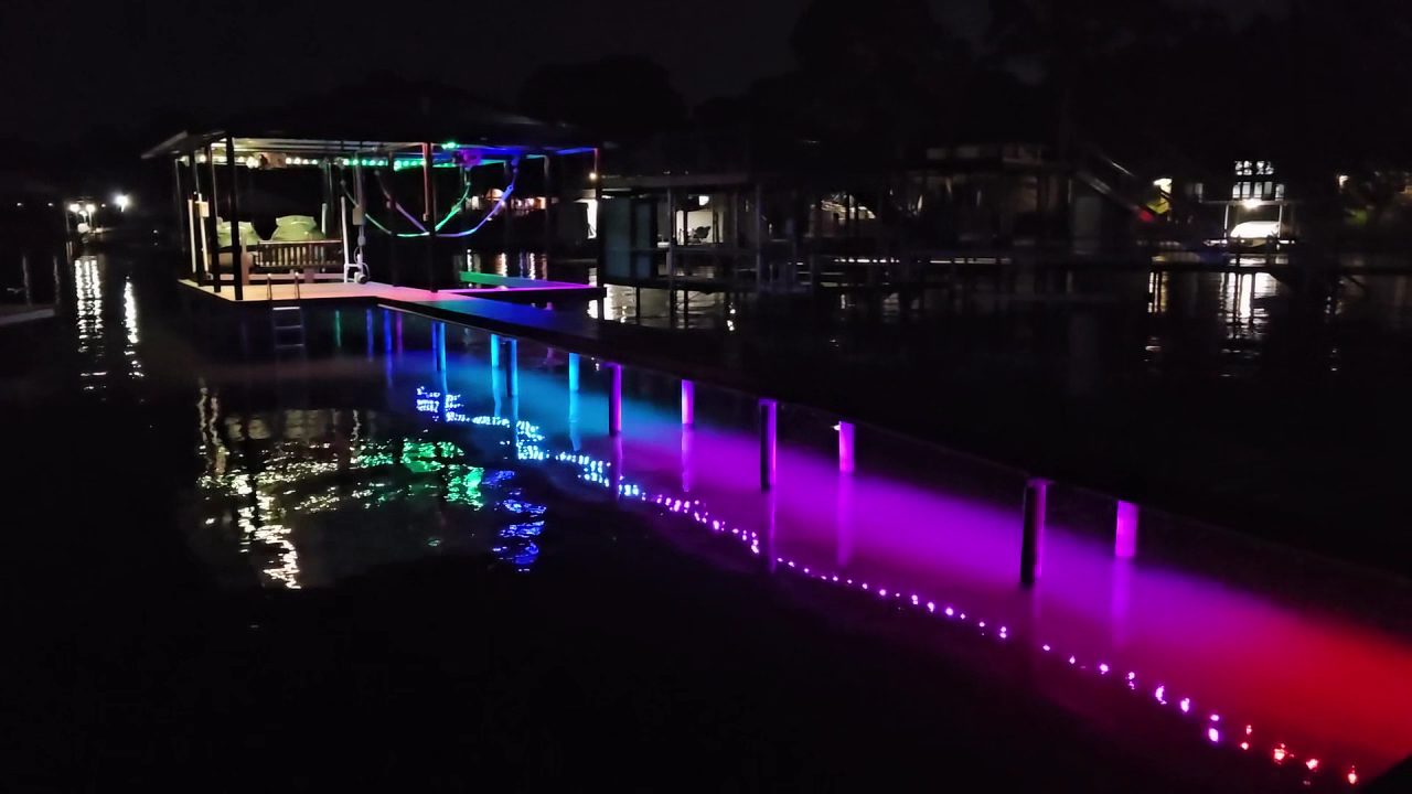 Dock lighting on Cedar Creek Lake at night