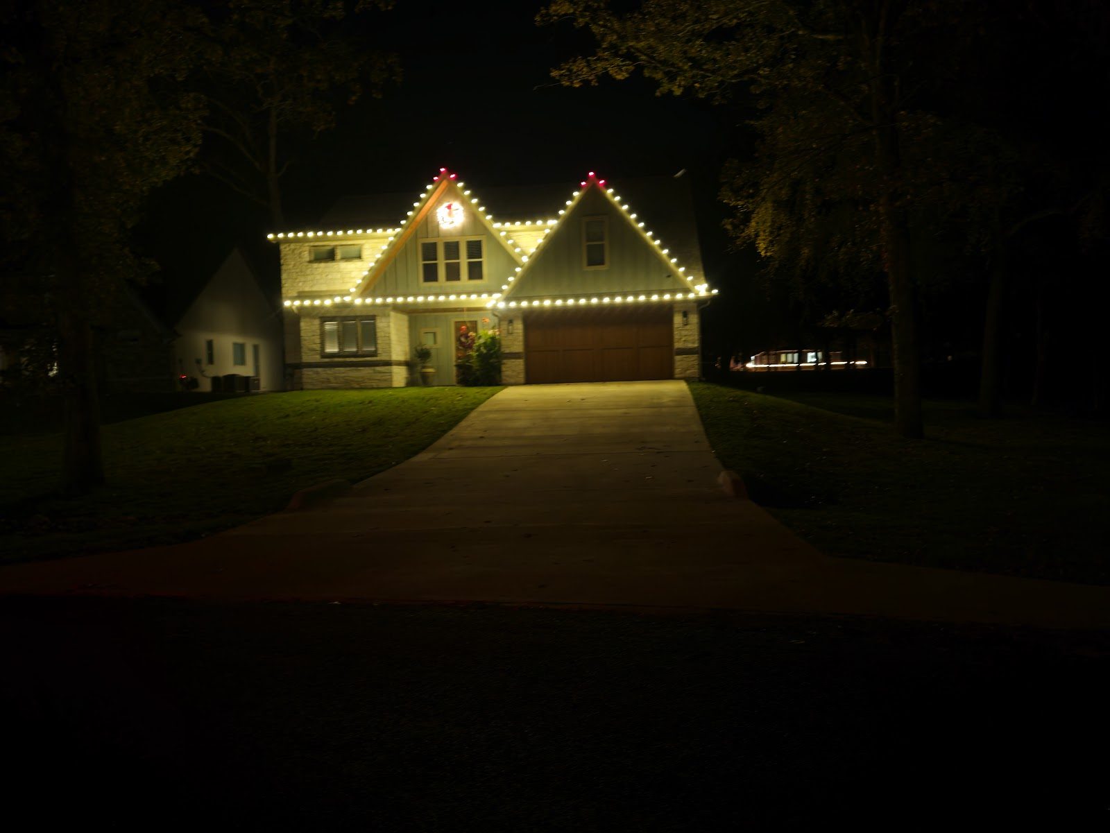 Eaves and gables lit for the holidays